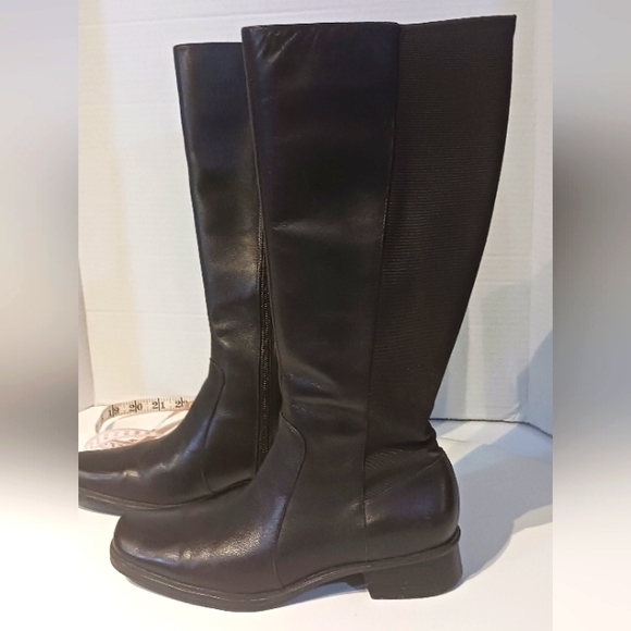 ANDREW GELLER KNEE HIGH STRETCH‎ ZIP BROWN LEATHER BOOTS VOYAGE sz. 7 1/2 - Picture 1 of 16